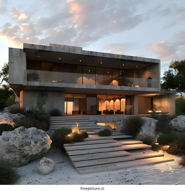 Modern concrete house with huge windows