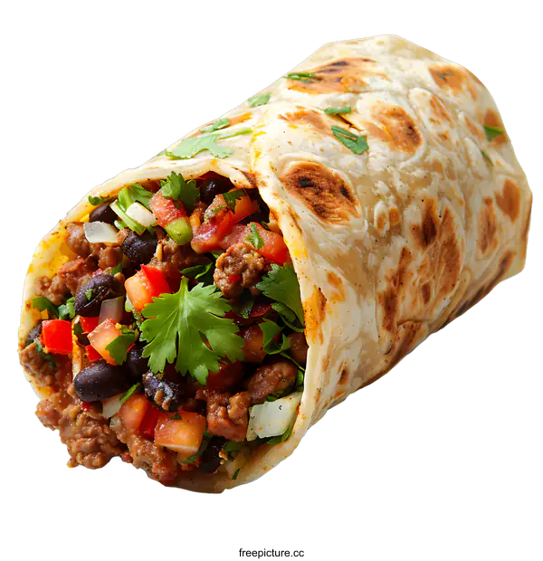 [Transparent Background PNG]A delicious burrito filled with ground beef, black beans, tomatoes, onions and cilantro.