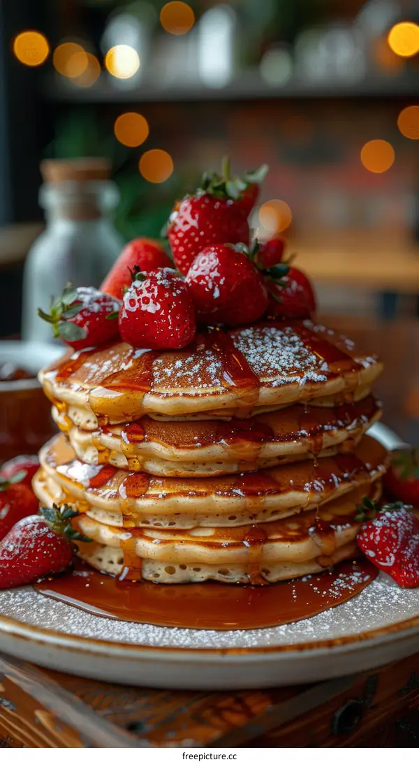 A Scrumptious Stack of Pancakes Drizzled with Maple Syrup and Topped with Fresh Strawberries