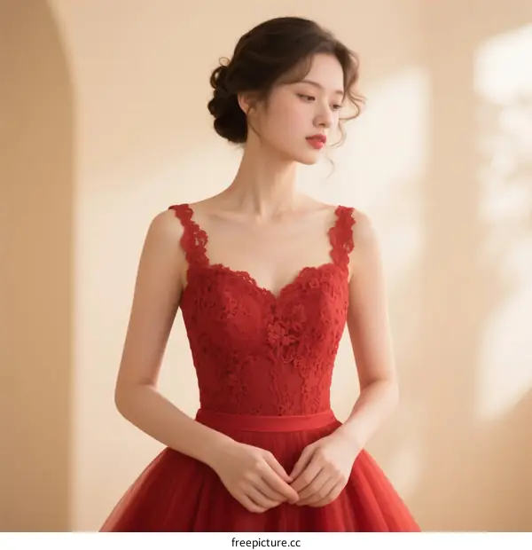 Elegant Woman Wearing Red Lace Wedding Dress with Full Skirt