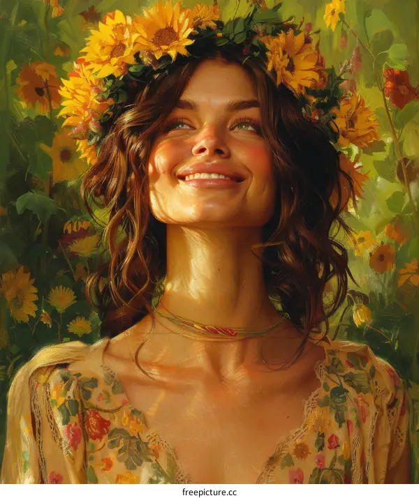 portrait of a smiling woman wearing a wreath of sunflowers