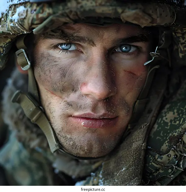 Portrait of a soldier with blue eyes and a dirty face