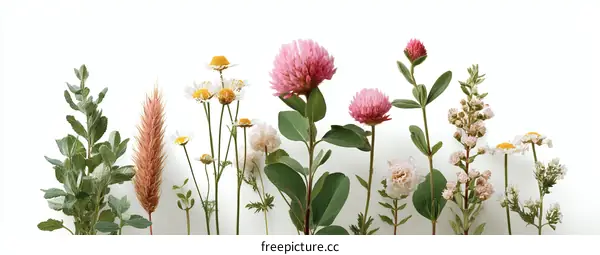 Arrangement of Flowers and Plants Against a White Background