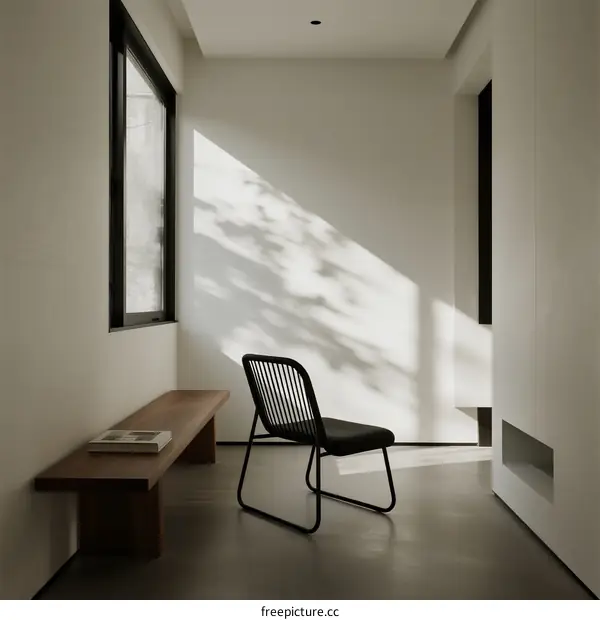 Minimalist White Hallway with Wooden Bench and Black Chair
