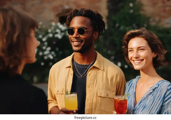 Friends enjoying drinks outdoors at a gathering