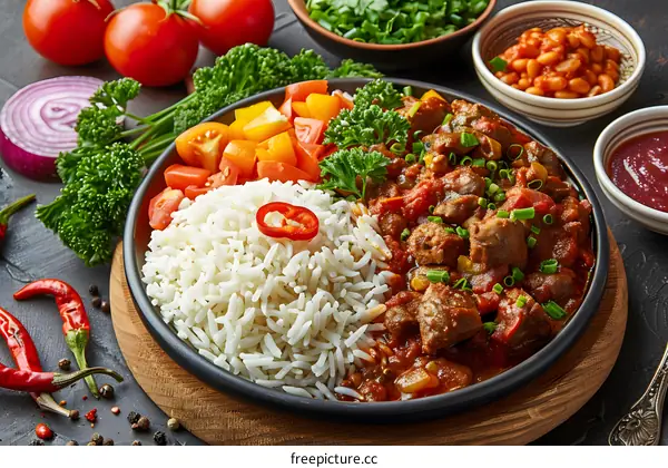 Delicious Spicy Rice and Chicken Curry Dish with Vegetables