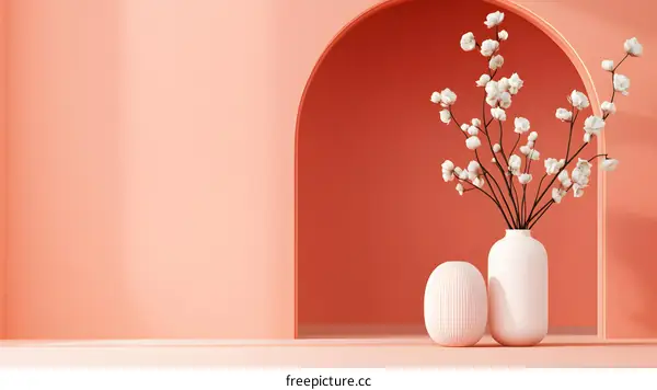 Minimalist Interior Design with White Flowers in a White Vase on Peach Background