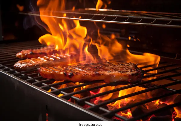 Grilled meat on a flaming barbecue