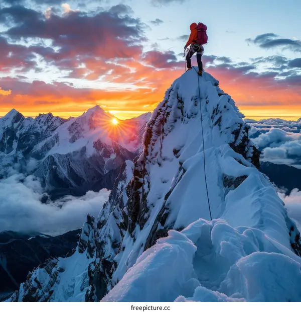 A mountain climber reaches the summit of a snow-capped mountain and takes in the view