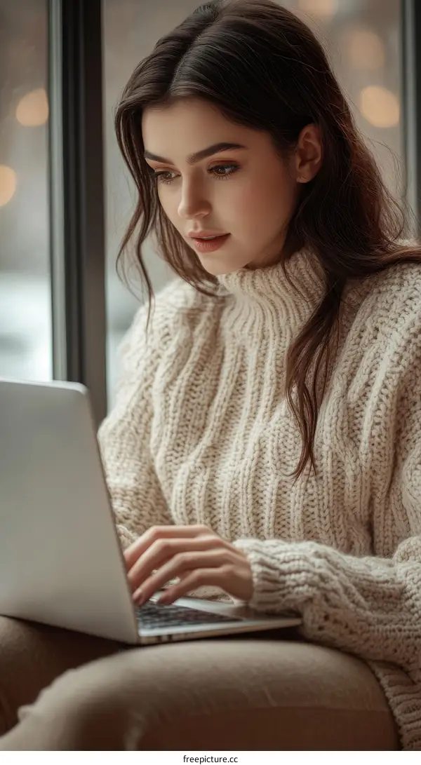 Woman Working on Laptop by the Window