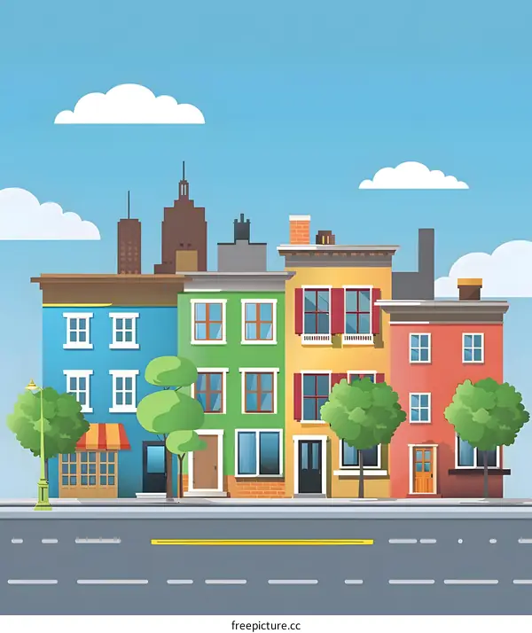 Colorful Row of Houses with Green Trees and Blue Sky