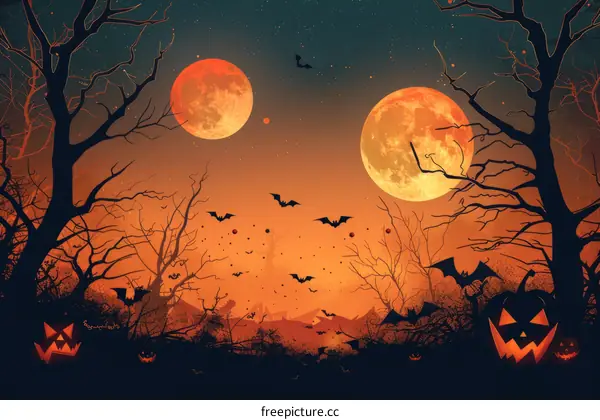 Eerie Halloween: Full Moon over Silhouetted Pumpkins