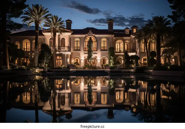 A Lavish Mansion with Sparkling Pool and Palm Trees at Night