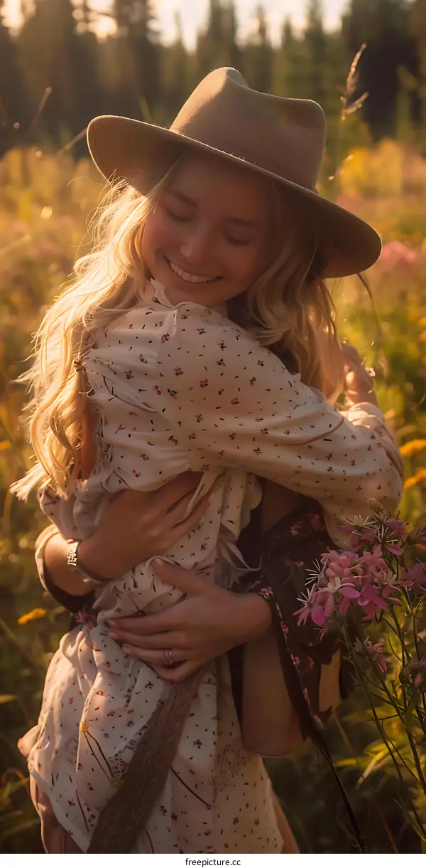 Smiling Woman in Hat Hugging in Field