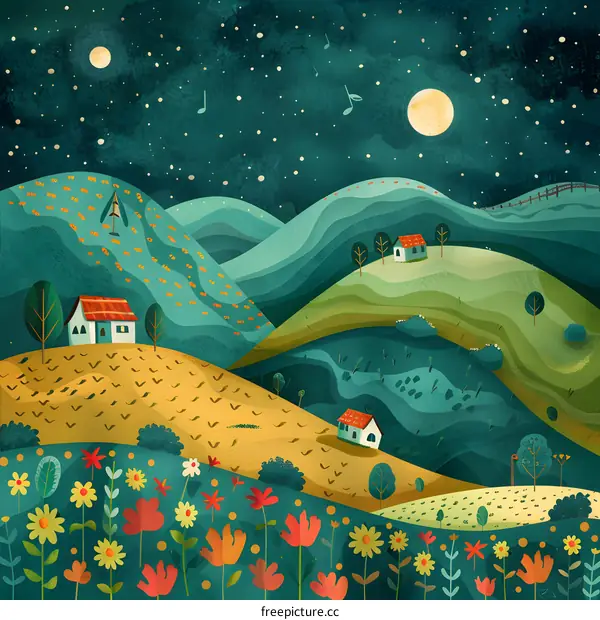 Night Sky Landscape With Houses and Flowers