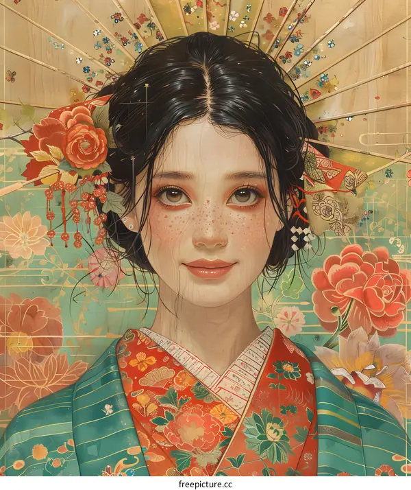portrait of a beautiful asian woman in traditional japanese kimono with floral background