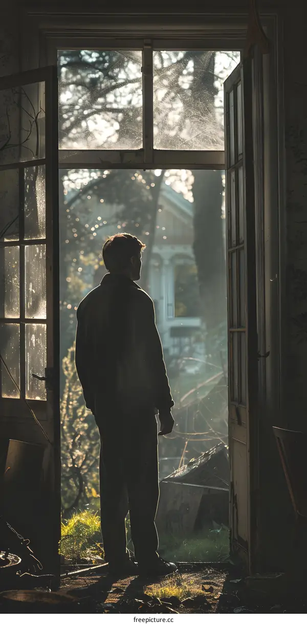 Silhouette of a Man Looking Out of a Window in a Run Down Building