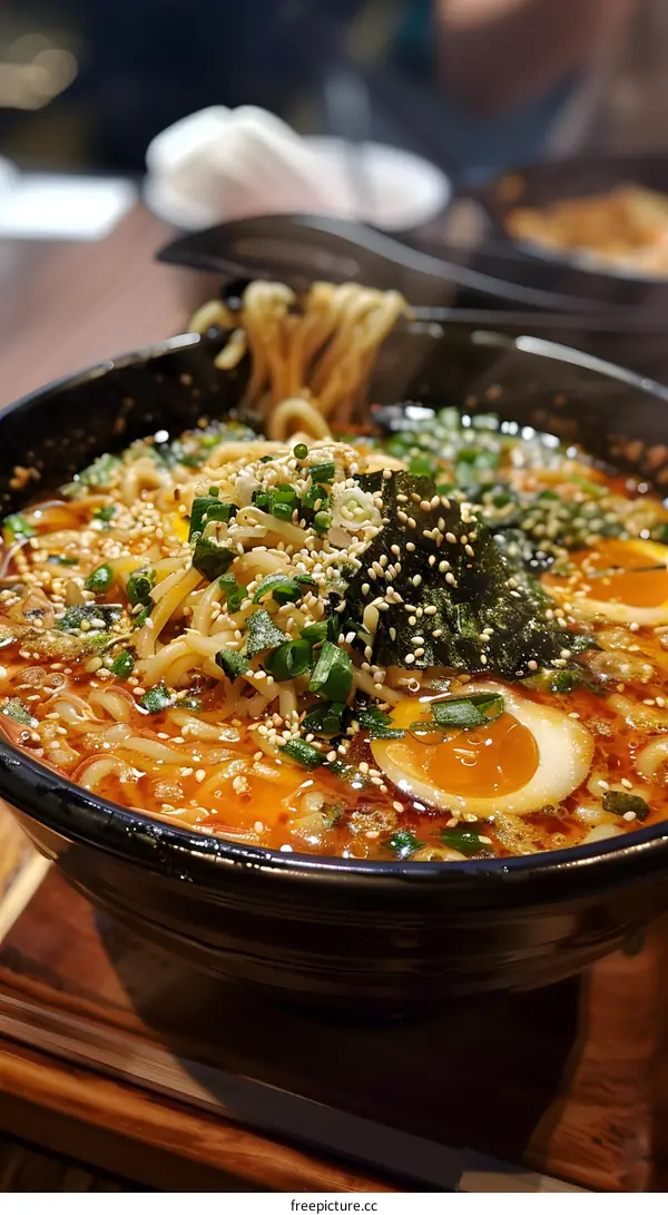 Spicy Ramen Noodles with Egg and Sesame Seeds