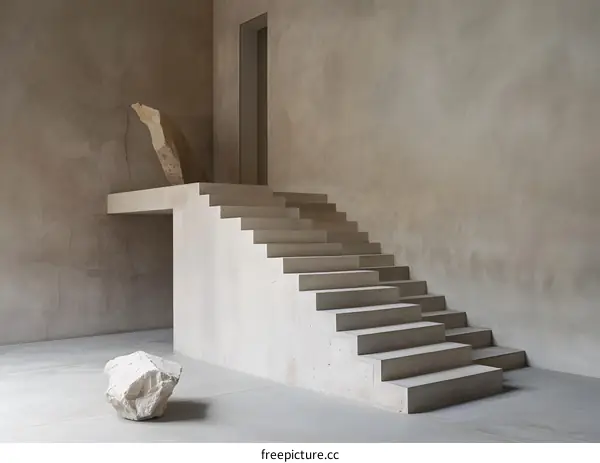 Concrete Staircase with Stone Sculpture in Minimalist Interior