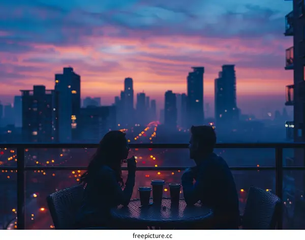 A couple is drinking coffee and talking on a rooftop overlooking the city at sunset