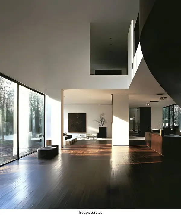 Modern Minimalist Interior Design of a House with Large Windows and Wooden Floor