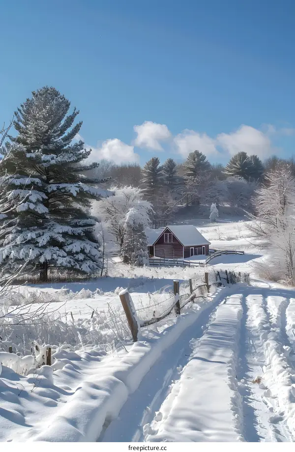 Snowy Road to Red Barn