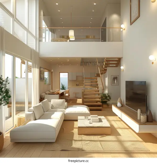 Bright, High-Ceiling Living Room with Open Plan