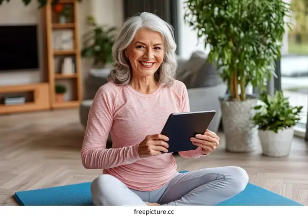 Happy Senior Woman Using Tablet for Online Exercise