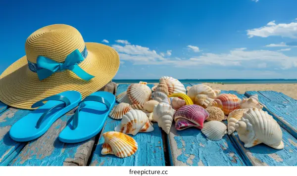 Beach with straw hat, flip-flops and seashells