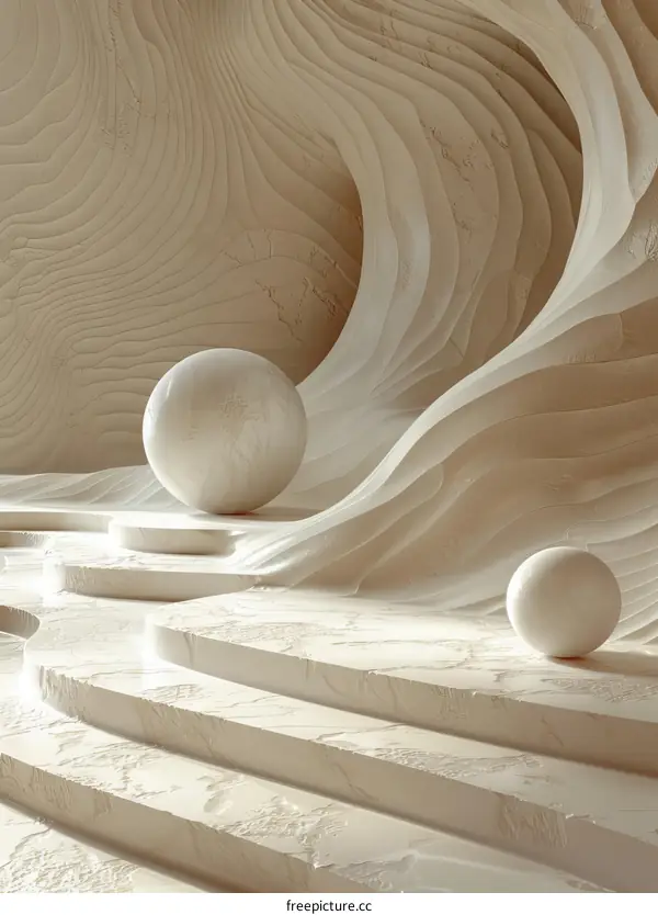 3D rendering of two white spheres on a wavy platform