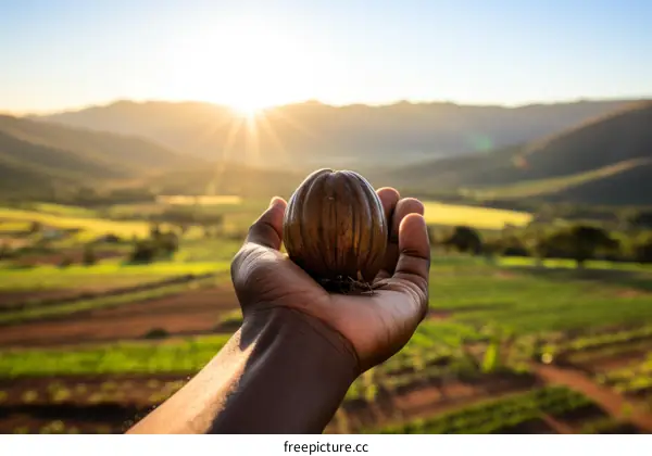 Hand holding a shea nut in front of a scenic landscape