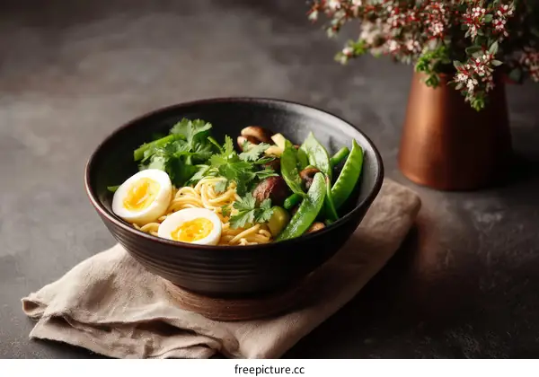 Delicious Bowl of Noodle Soup with Eggs and Vegetables