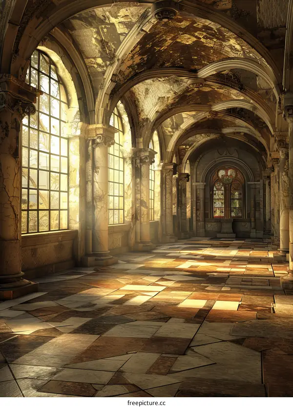 Abandoned Ancient Cathedral Corridor Sunlight