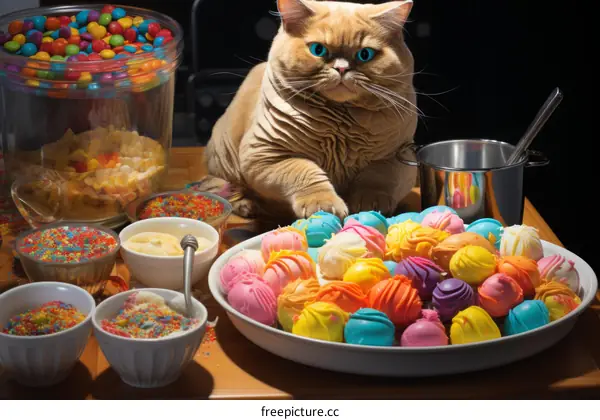 A ginger cat sitting on a table full of colorful candies
