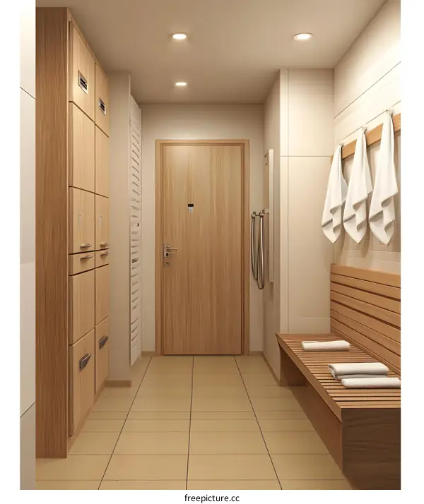 Modern Minimalist Bathroom Interior Design with Wooden Storage and Bench