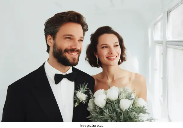 Happy Newlywed Couple Standing Together with Bouquet