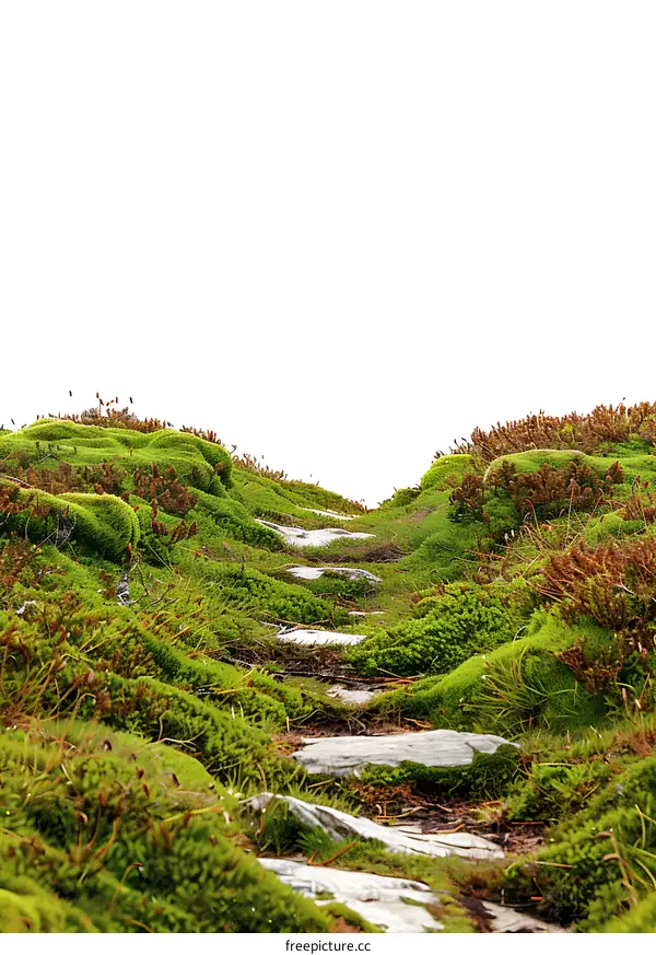 Green Mossy Path in the Mountains with White Background