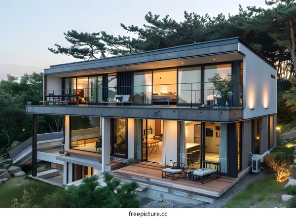 Modern House Design With Large Windows and Wooden Deck