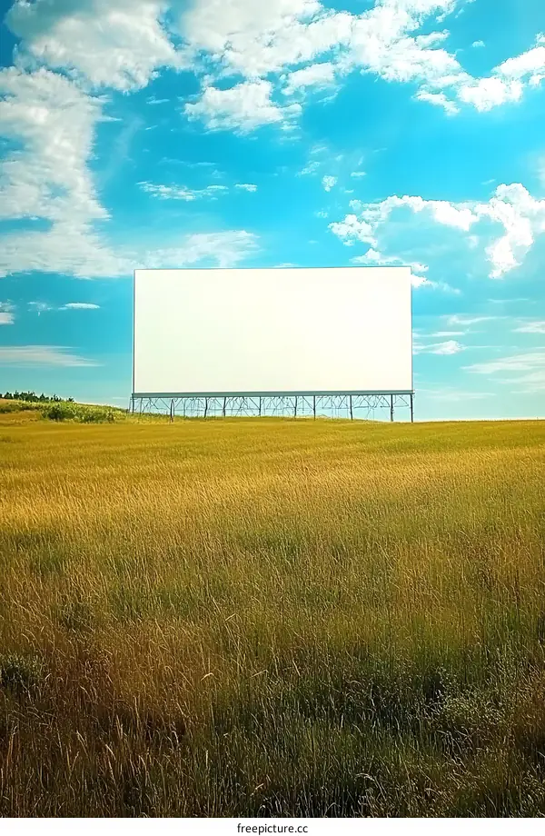 Blank Billboard in Grassy Field with Blue Sky