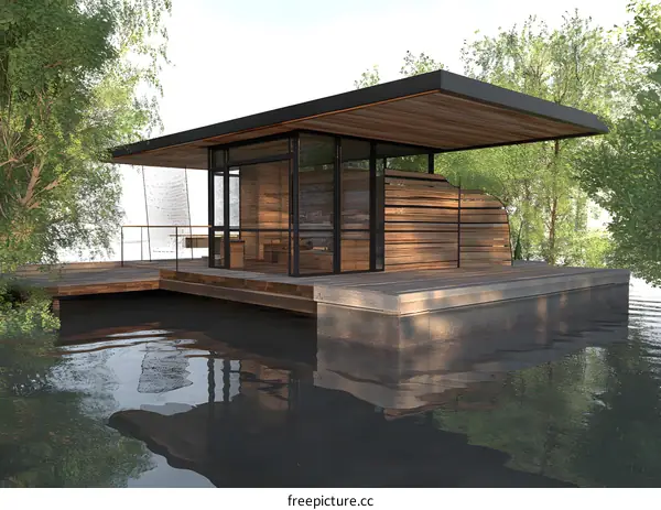 Modern Cabin on Water with Wooden Deck and Large Windows