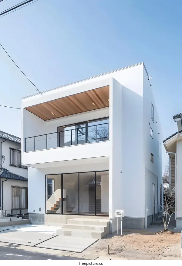 Modern White House with Wooden Ceiling and Balcony