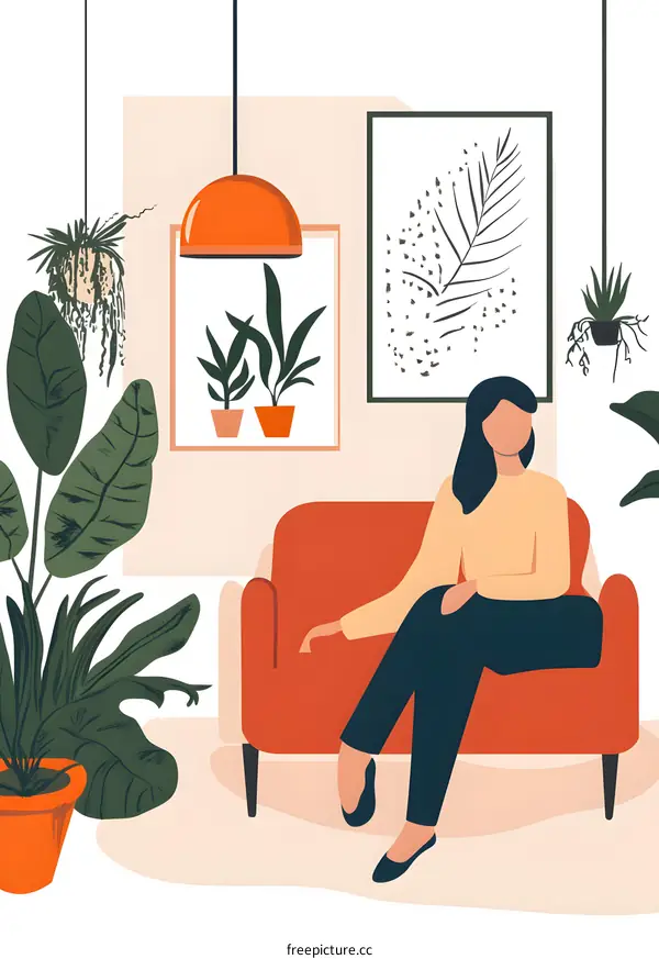 Woman Sitting On Red Sofa in a Room with Plants and Artwork