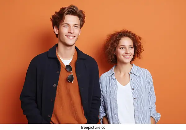 Stylish Young Couple Posing Against an Orange Background