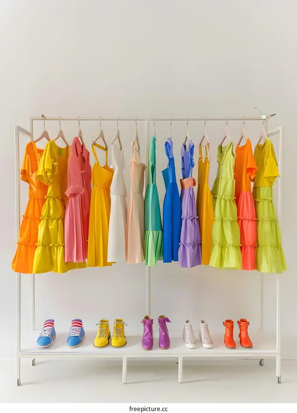 Colorful Dresses and Shoes on a White Rack