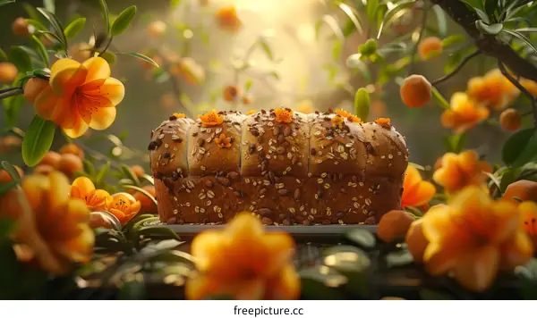 Close-up of a loaf of bread with orange slices and flowers