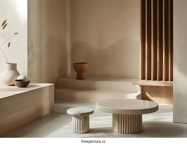 Minimalist Interior Design With Wooden Accents and Stone Tables