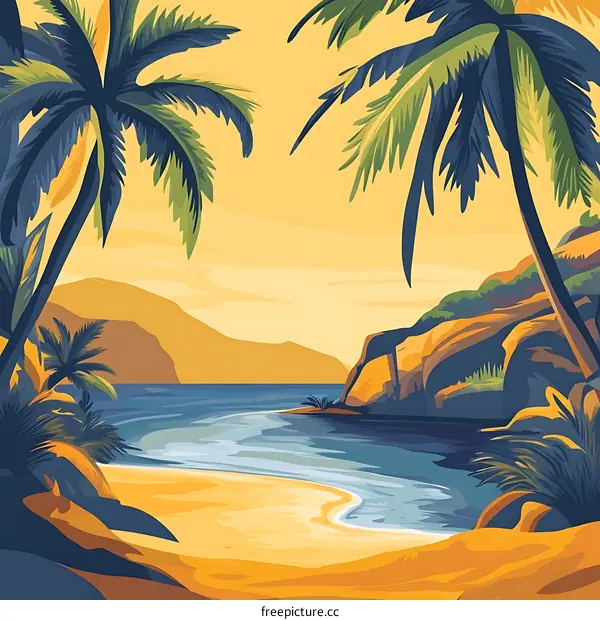 Tropical Beach Sunset Landscape Illustration