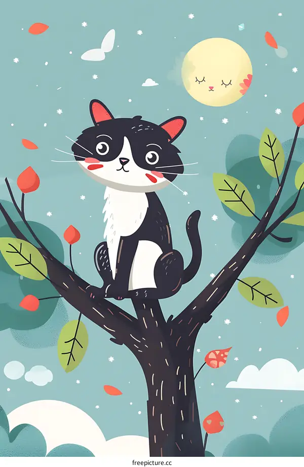 Cute Black And White Cat Sitting On A Tree Branch