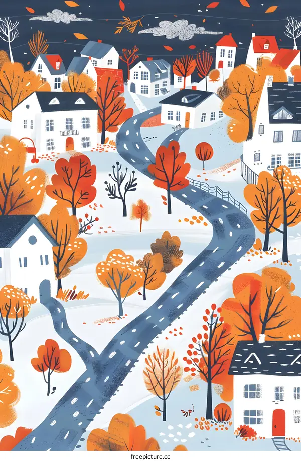 Autumnal Village Landscape with Winding Road and Houses