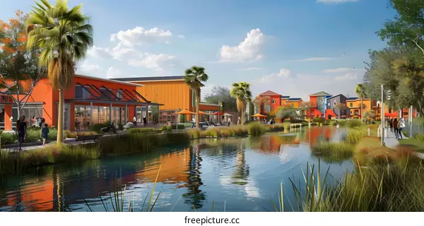 Modern Architecture with Water Canal and Palm Trees